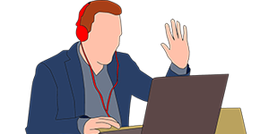 Vector art of a man wearing headphones waving at his laptop