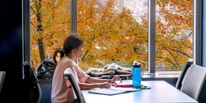A student types on her laptop in front of a window showing fall foliage outside.