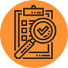 Research evaluation icon on an orange circle background