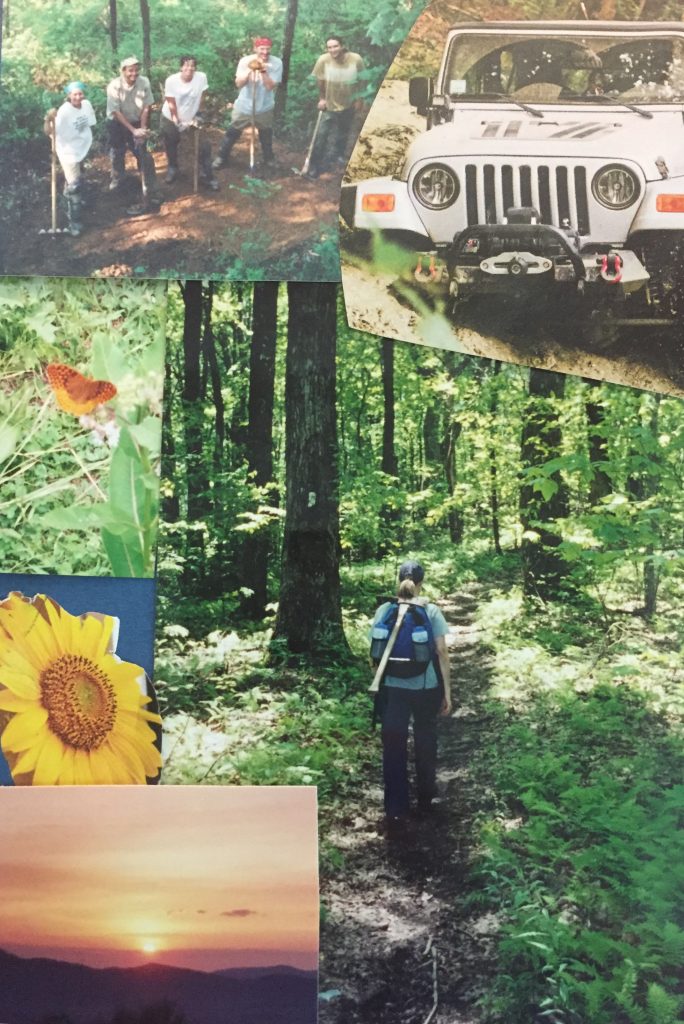 Jennifer's collage of volunteers on the Appalachian Trail, a jeep stuck in the mud, hiker, sunrise, flower and butterfly.