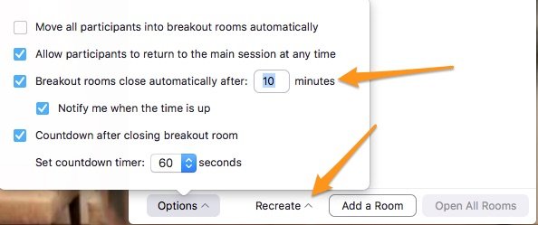 image shows where to set up timing and recreate rooms in breakout room settings