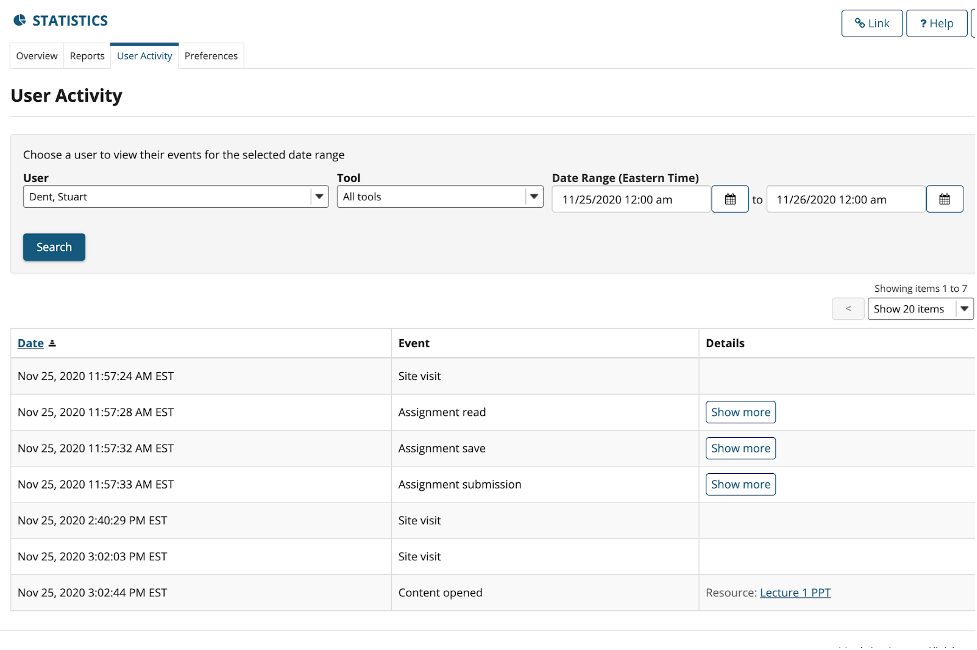 Example report of a user’s activity logs.
