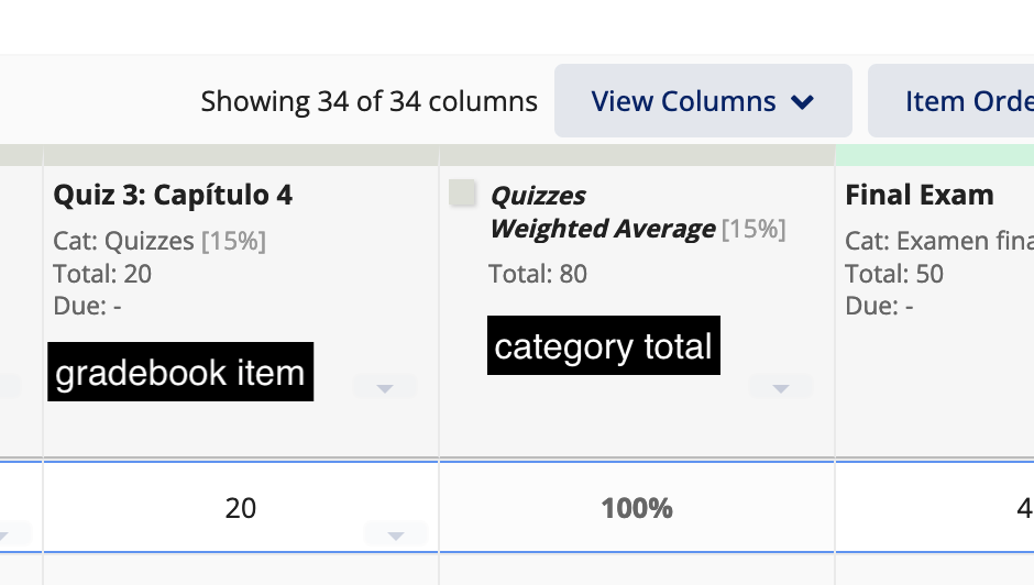 gradebook item vs category columns