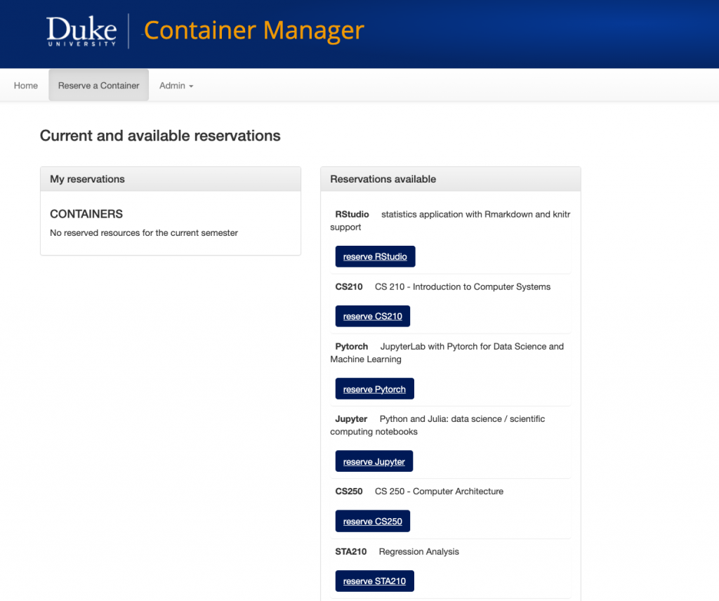 Screenshot of the current and available container reservations.